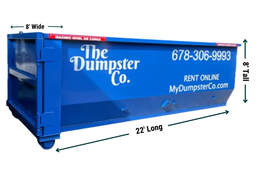 40 yard roll-off dumpster by The Dumpster Co., 22 ft long, 8 ft wide, 8 ft tall
