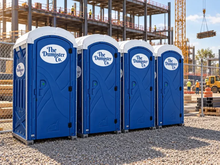 Row of The Dumpster Co. porta potties at a high-rise construction site