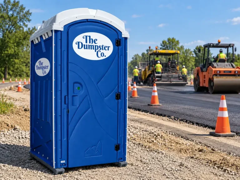 The Dumpster Co. portable toilet beside a road paving crew
