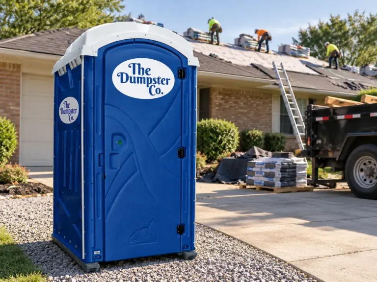 The Dumpster Co. porta potty in a driveway during a roof replacement