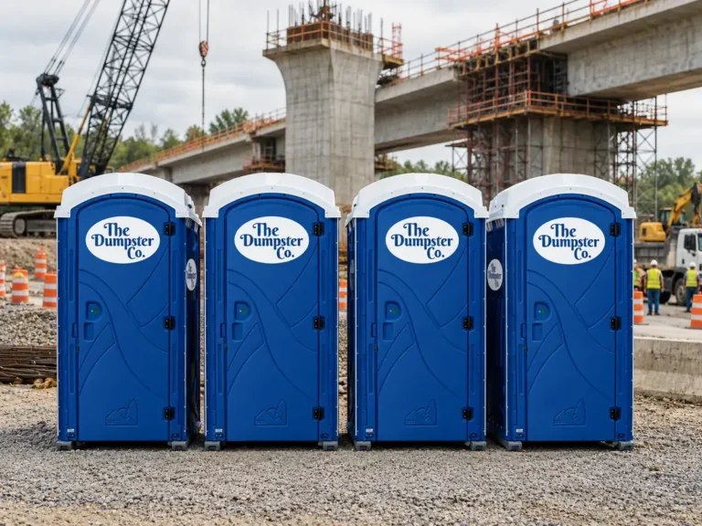 Four The Dumpster Co. porta potties at a bridge construction project